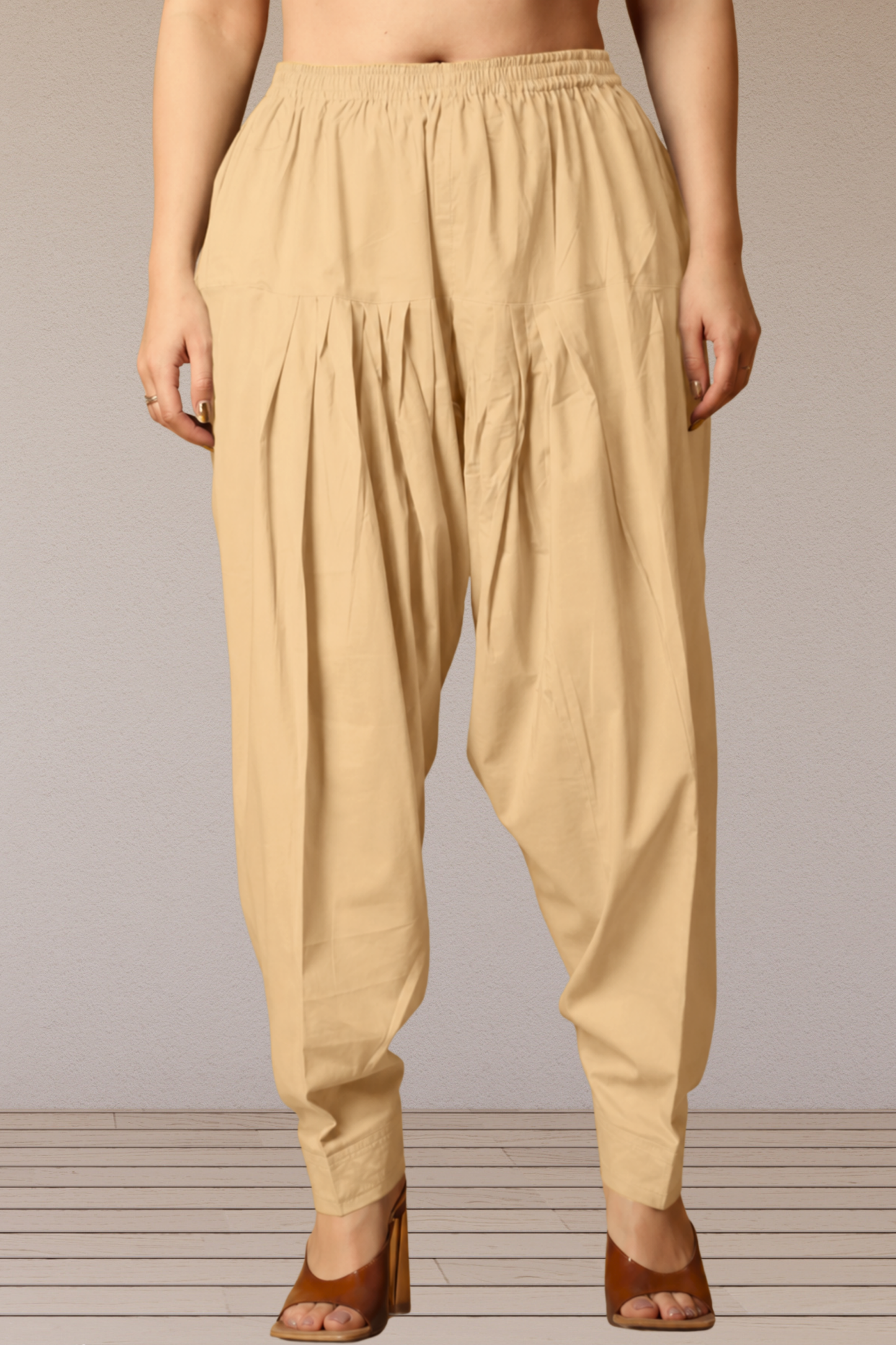 Beige Pleated Cotton Salwar