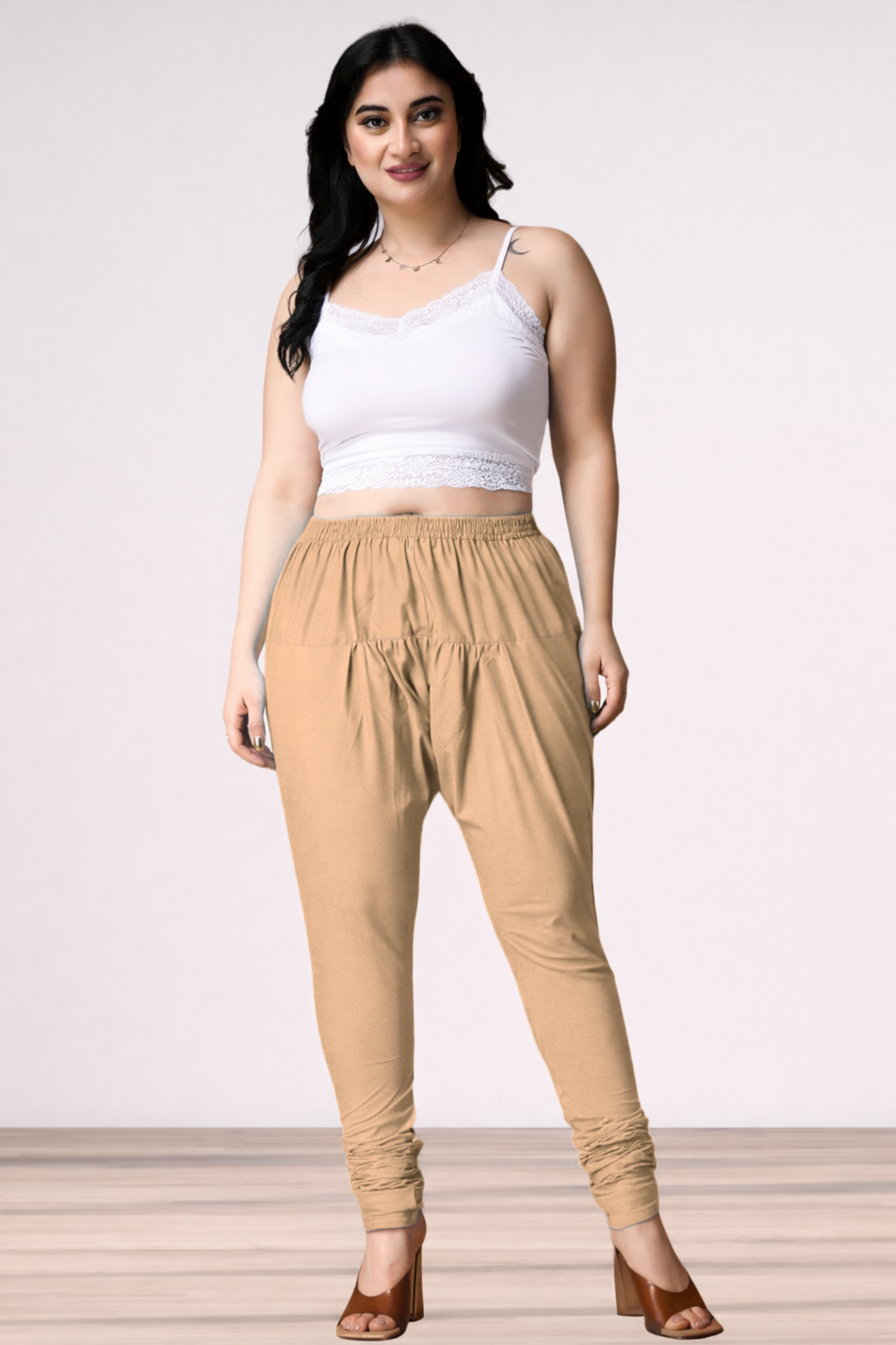 Beige Rayon Churidar Pants