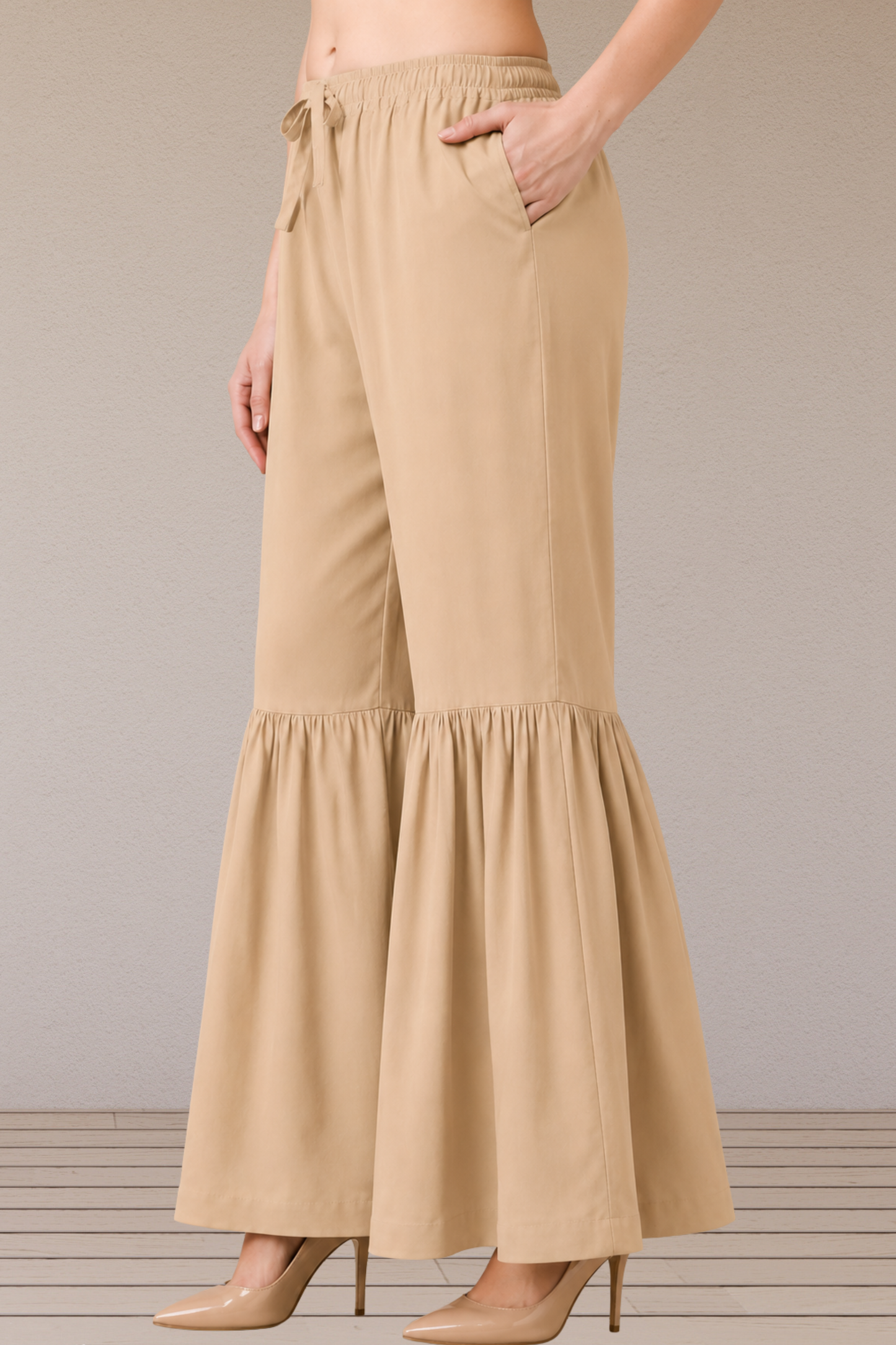Beige Rayon Frilled Sharara