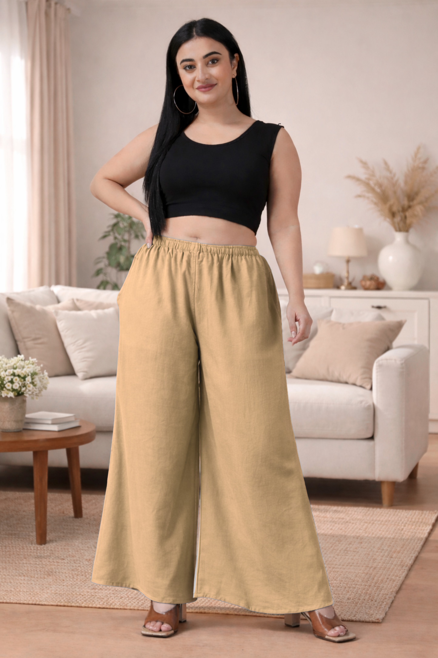 Beige Rayon Loose Palazzo