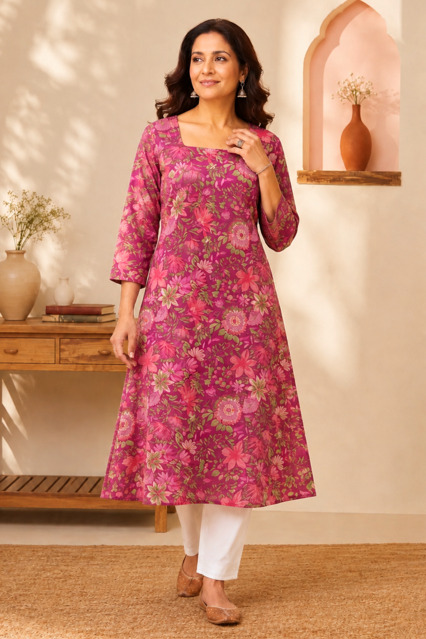Berry Floral A-line Cotton Kurta
