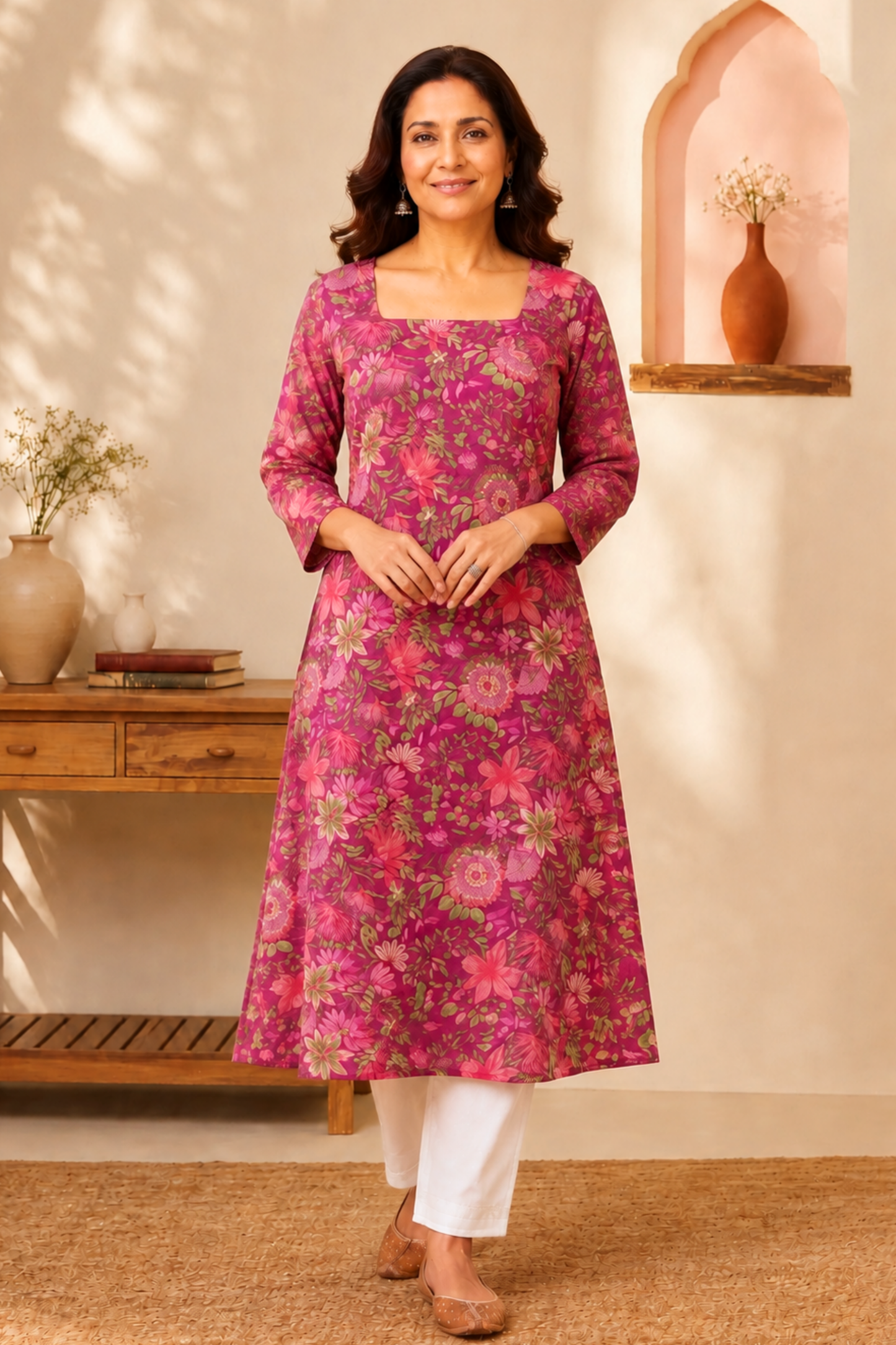 Berry Floral A-line Cotton Kurta