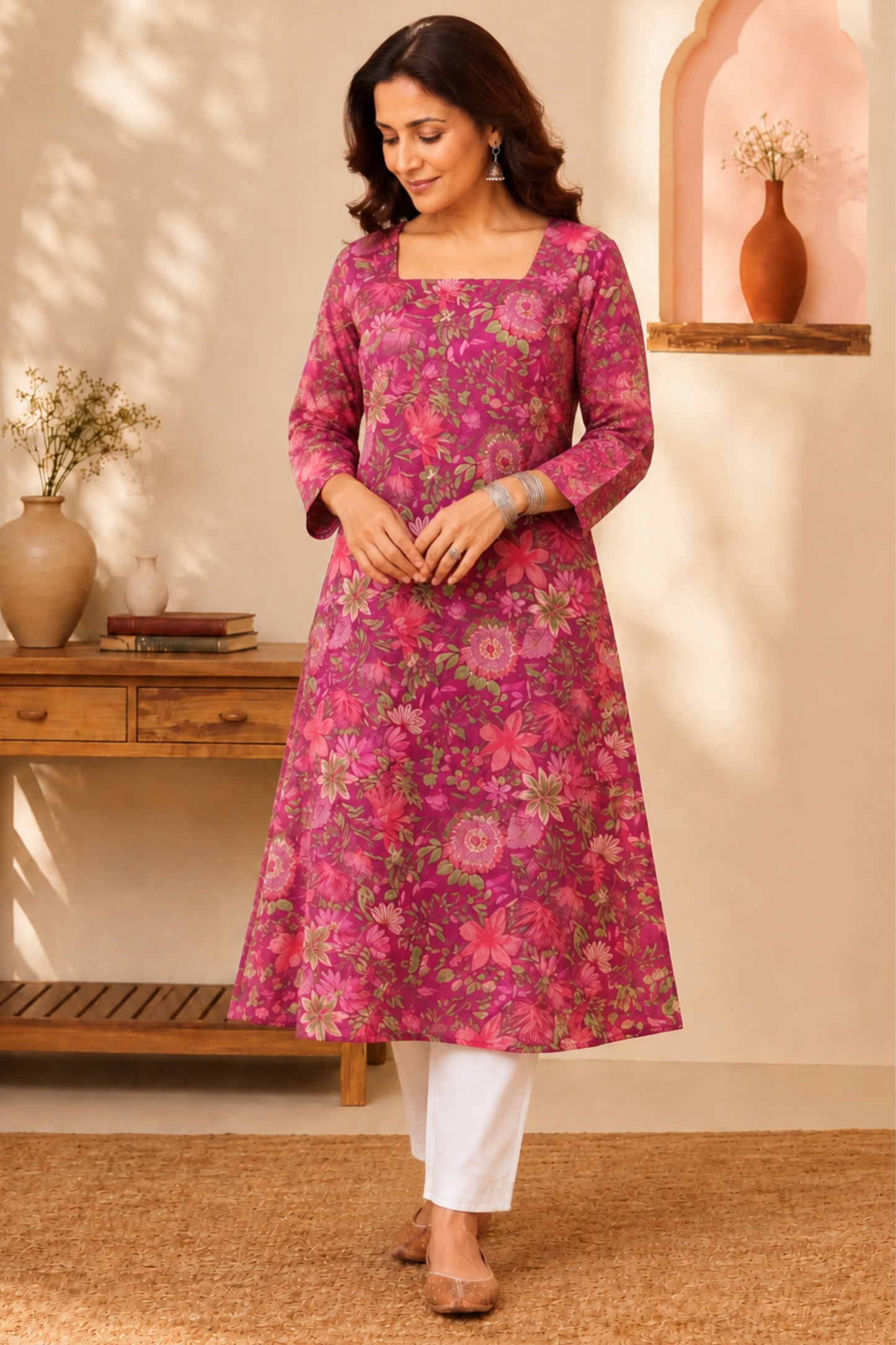 Berry Floral A-line Cotton Kurta