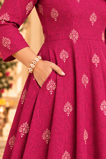 Berry Treasure Foiled Muslin Dress With Pockets