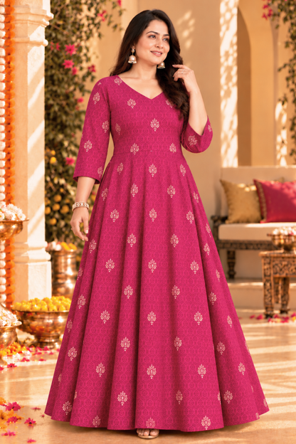 Berry Treasure Foiled Muslin Dress With Pockets