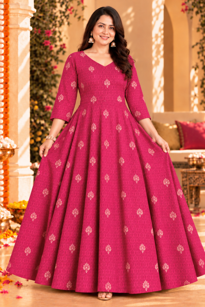 Berry Treasure Foiled Muslin Dress With Pockets