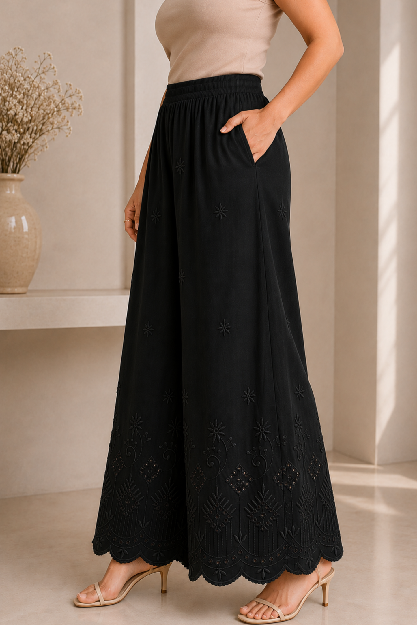 Black Chikankari Flared Palazzo Pant
