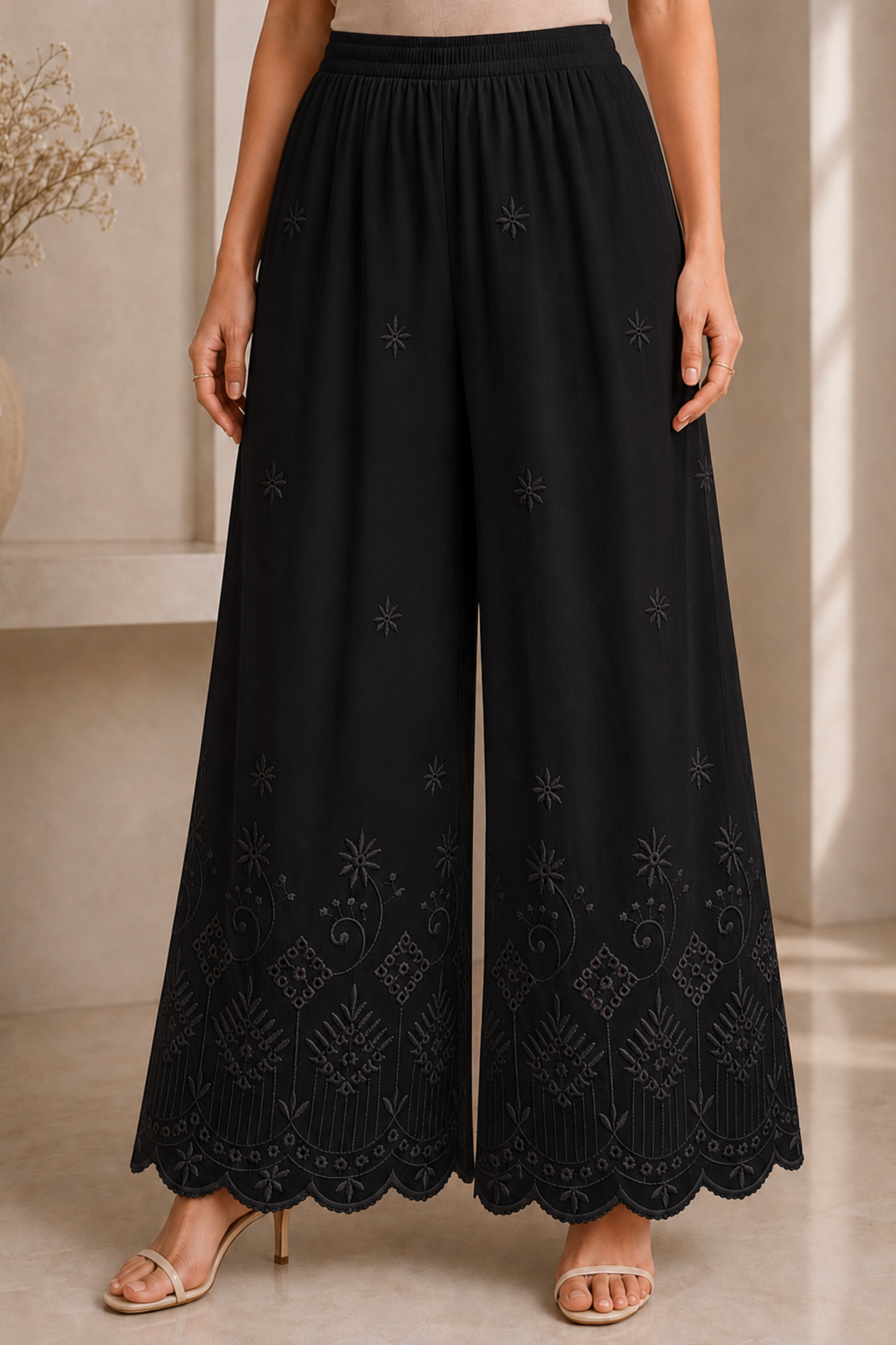 Black Chikankari Flared Palazzo Pant