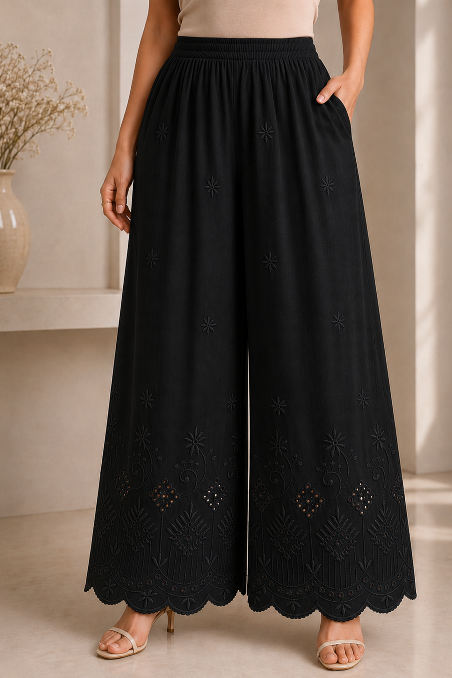 Black Chikankari Flared Palazzo Pant
