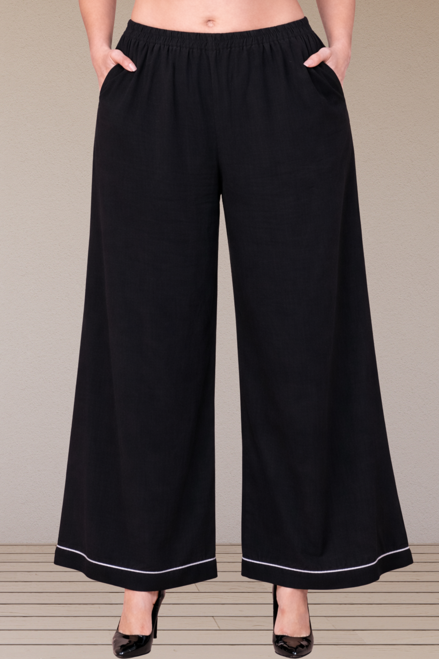 Black Detailed Hemline Rayon Palazzo