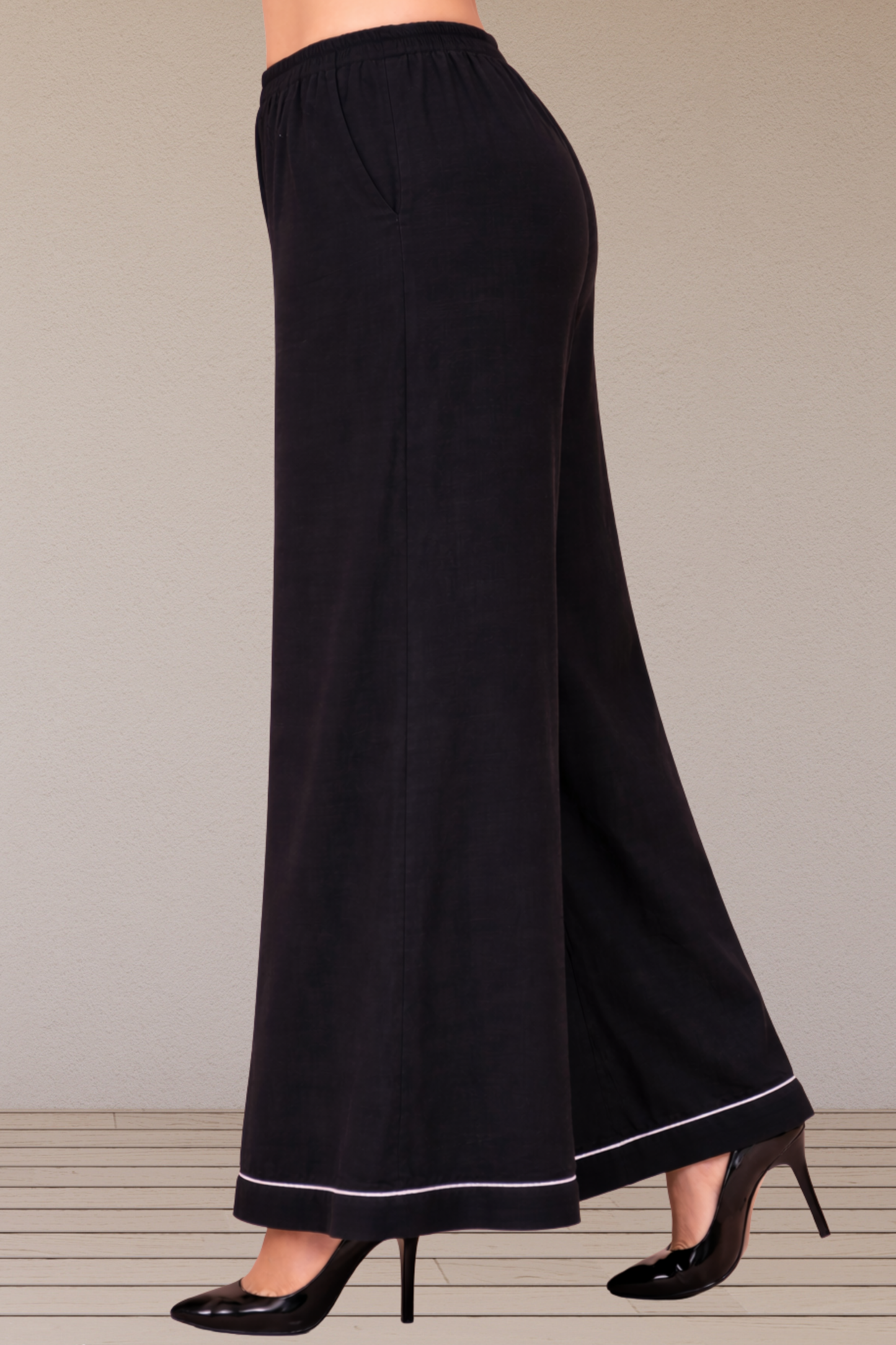 Black Detailed Hemline Rayon Palazzo