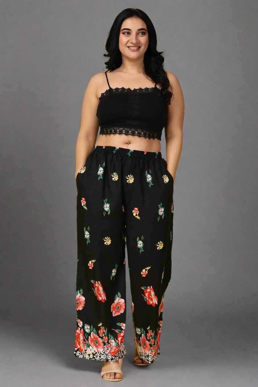 Buy Plus Size ​Midnight Garden Relaxed Palazzo At Apella | Sizes XS to 10 XL | India | Free Delivery | Customized