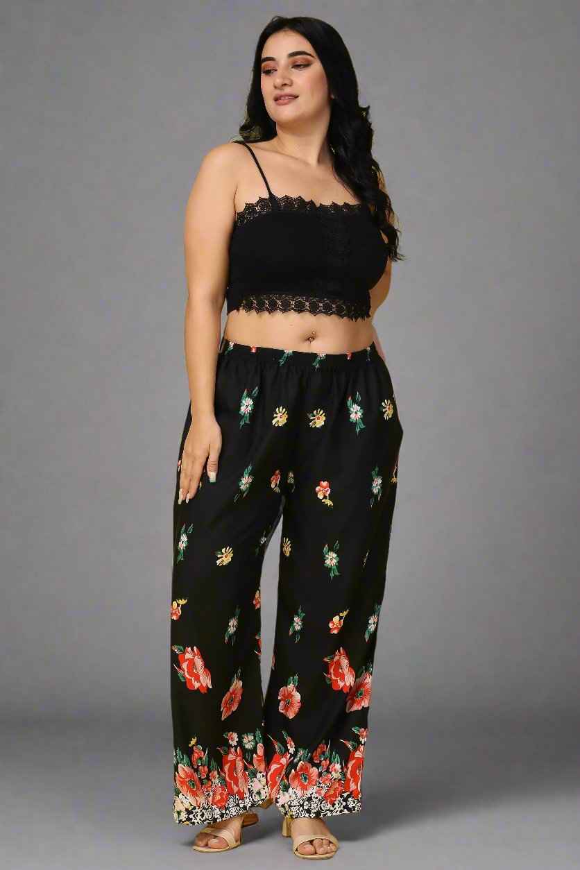 Buy Plus Size ​Midnight Garden Relaxed Palazzo At Apella | Sizes XS to 10 XL | India | Free Delivery | Customized