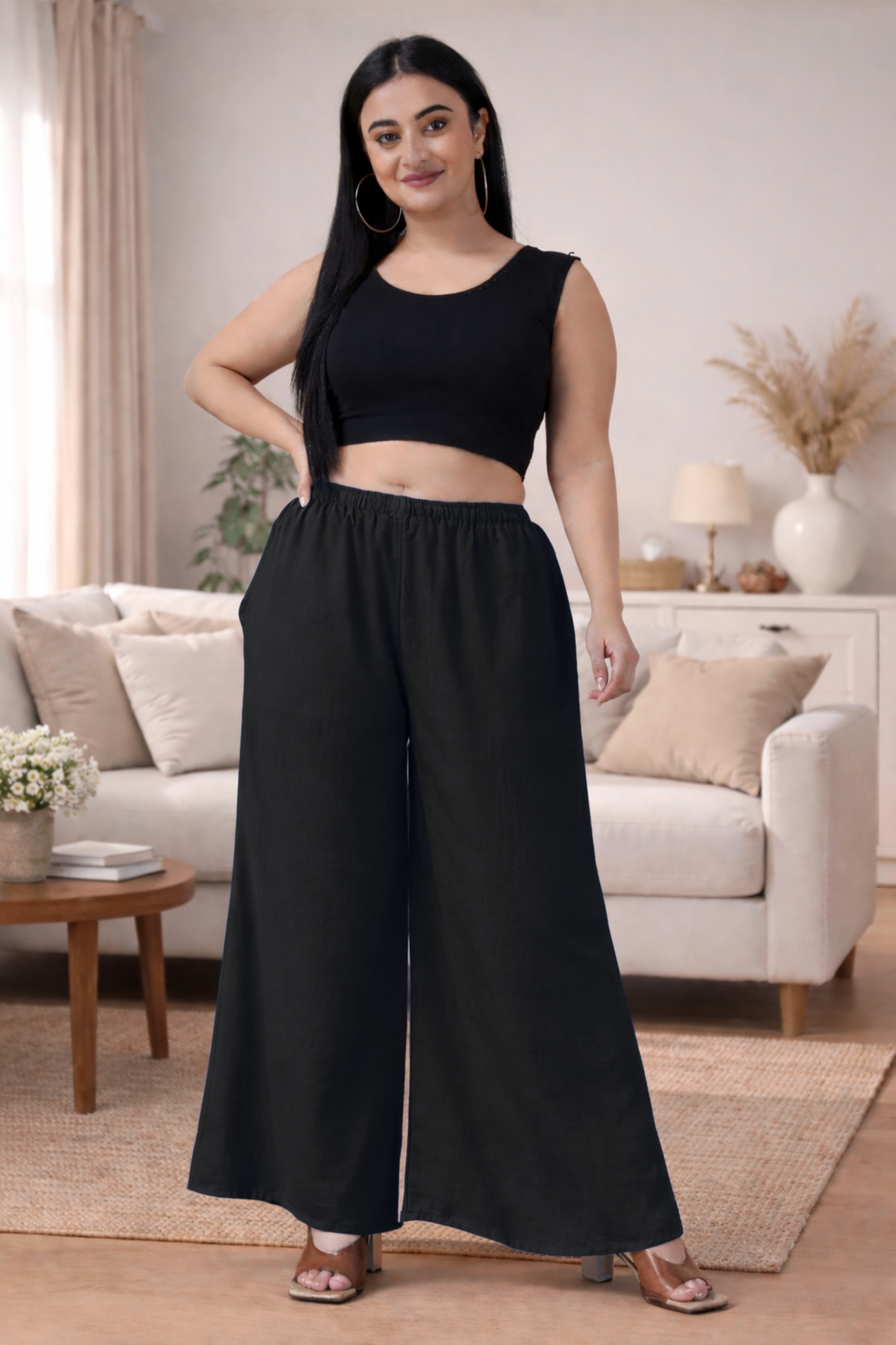 Black Rayon Loose Palazzo