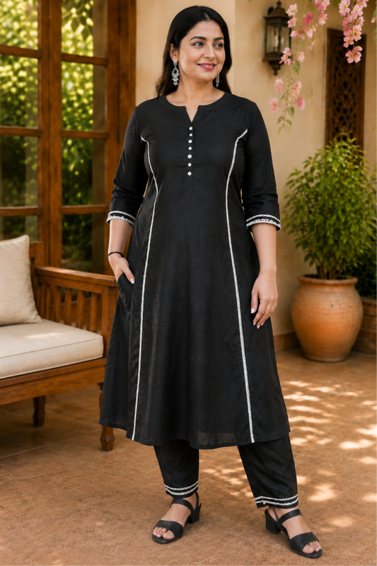Black A-Line Cotton Linen Kurta