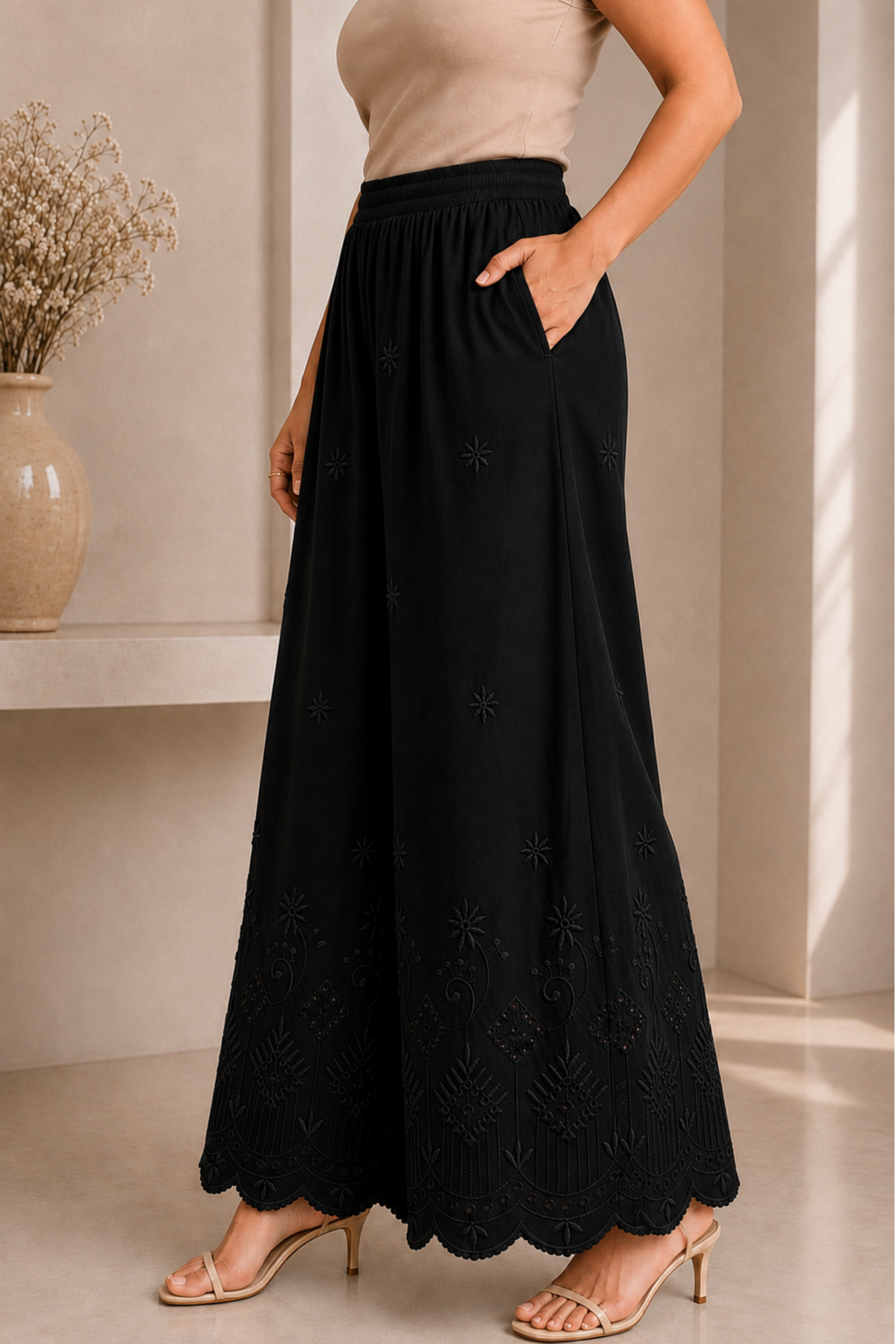 Black Chikankari Flared Palazzo Pant