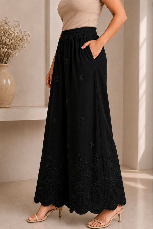 Black Chikankari Flared Palazzo Pant