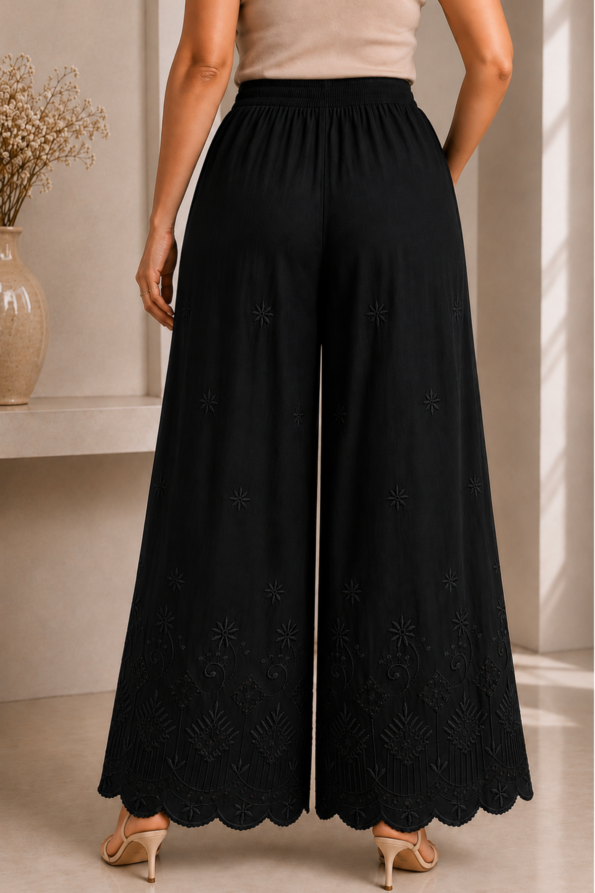Black Chikankari Flared Palazzo Pant