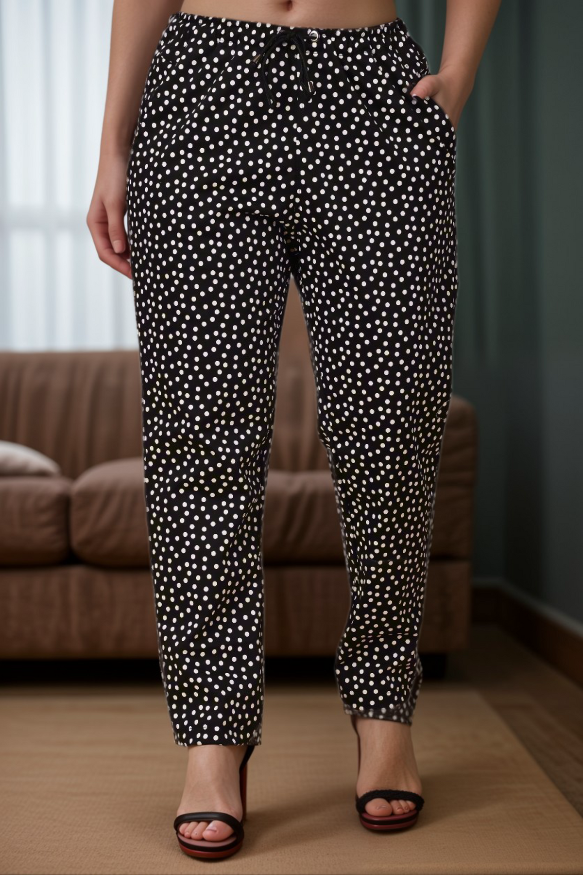 Buy Plus Size ​Black Polka Poplin Lycra Pants At Apella | Sizes XS to 10 XL | India | Free Delivery | Customized