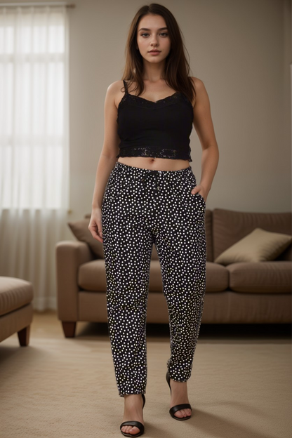 Buy Plus Size ​Black Polka Poplin Lycra Pants At Apella | Sizes XS to 10 XL | India | Free Delivery | Customized
