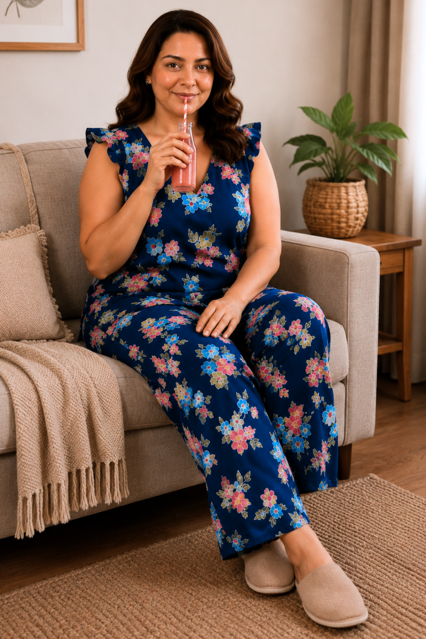 Blue Bouquet Rayon Night Suit