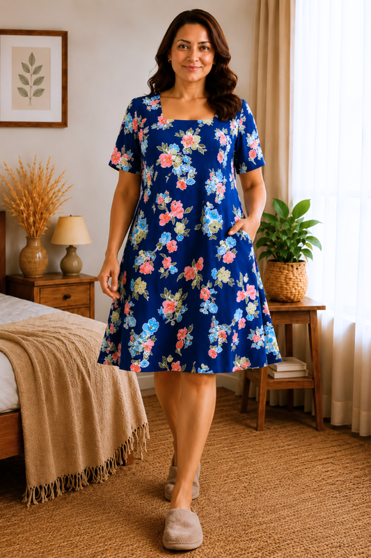Blue Bouquet Rayon Short Nighty