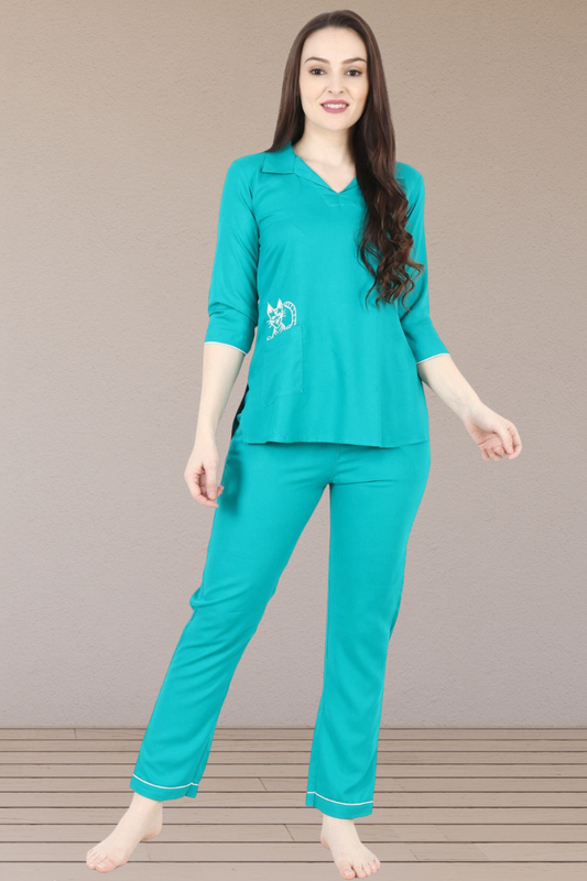 Blue Cat Cotton Night Suit