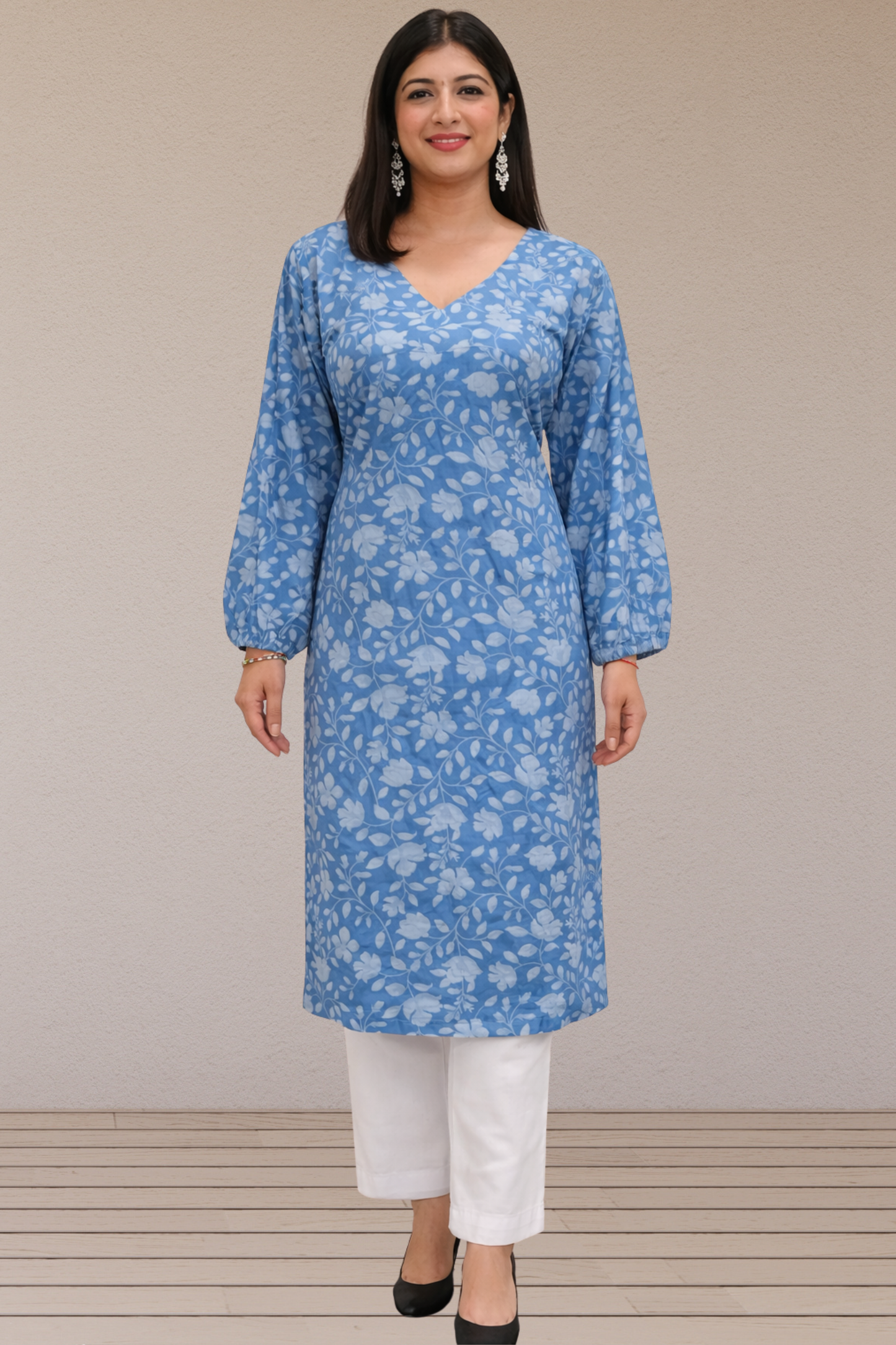 Blue Floral Cotton Kurta