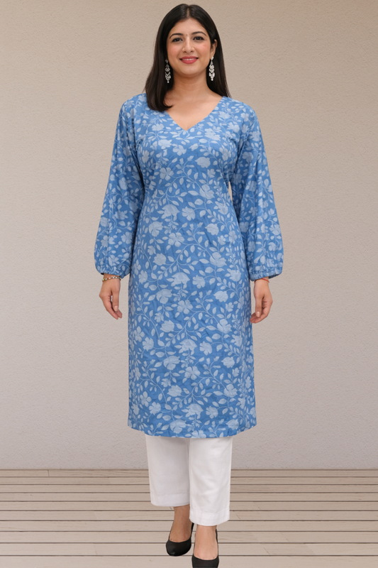Blue Floral Cotton Kurta