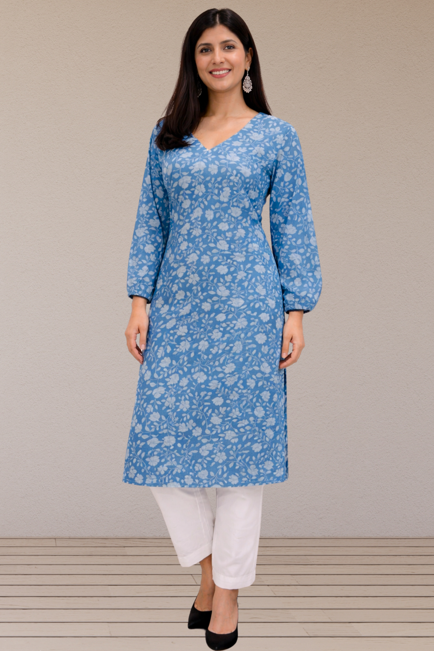 Blue Floral Cotton Kurta