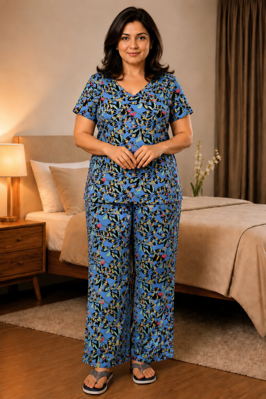 Blue Haven Floral Rayon Night Suit