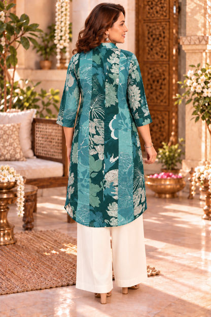 Teal Tapestry Crepe Kurta With Pockets