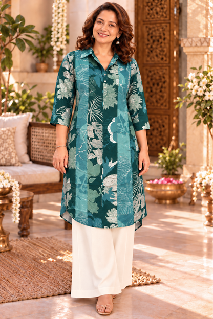 Teal Tapestry Crepe Kurta With Pockets