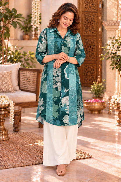Teal Tapestry Crepe Kurta With Pockets