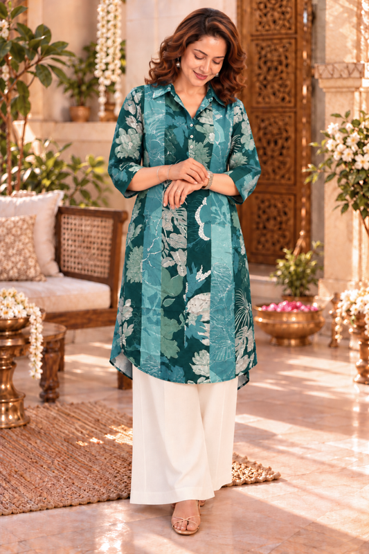 Teal Tapestry Crepe Kurta With Pockets