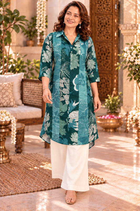 Teal Tapestry Crepe Kurta With Pockets