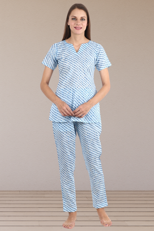Blue Lehariya Printed Cotton Night Suit