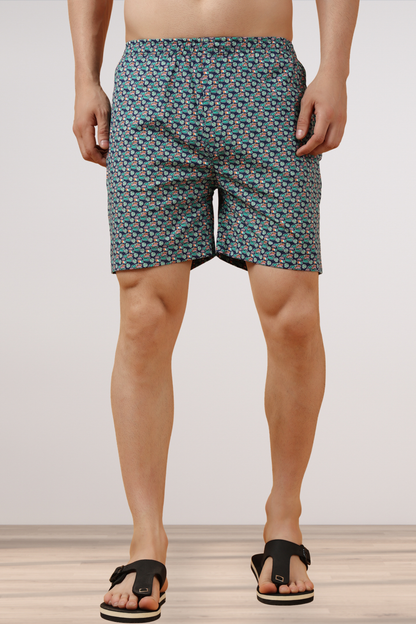 Blue Printed Poplin Cotton Shorts