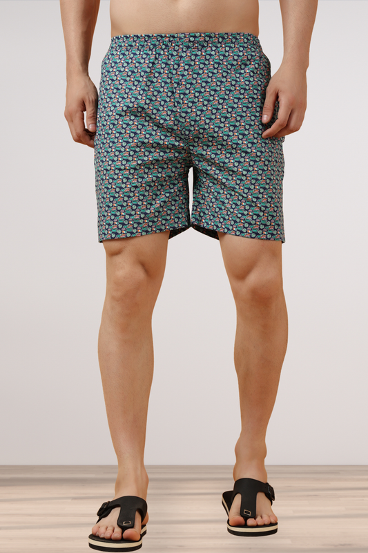 Blue Printed Poplin Cotton Shorts