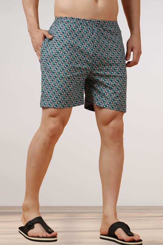 Blue Printed Poplin Cotton Shorts
