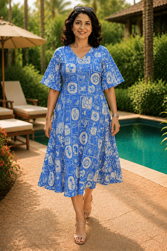 Blue Voyage Printed Dress With Pockets