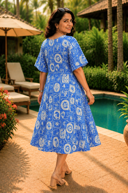 Blue Voyage Printed Dress With Pockets