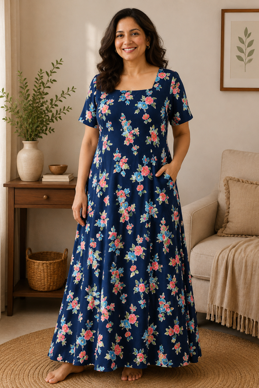 Blue Bouquet Rayon Night Gown