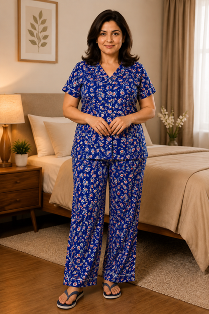Blue Floral Rayon Night Suit