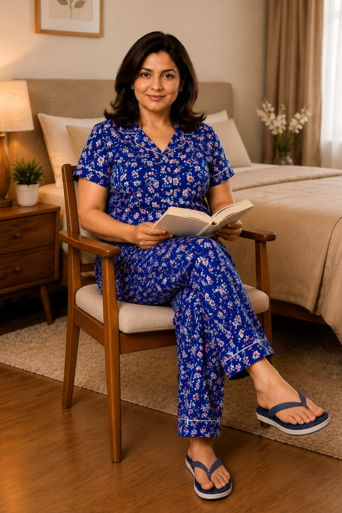 Blue Floral Rayon Night Suit