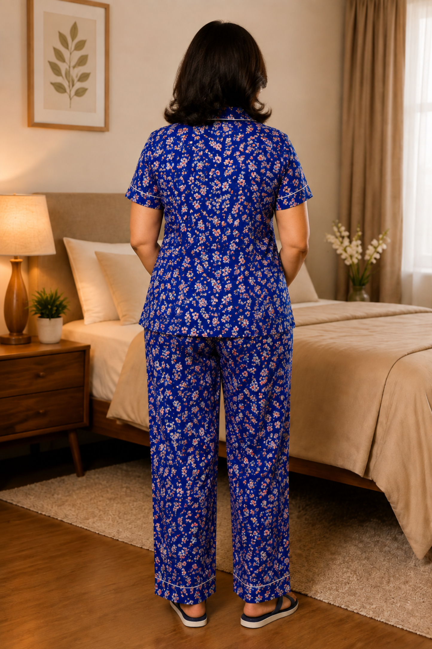 Blue Floral Rayon Night Suit