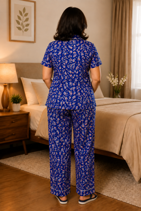 Blue Floral Rayon Night Suit