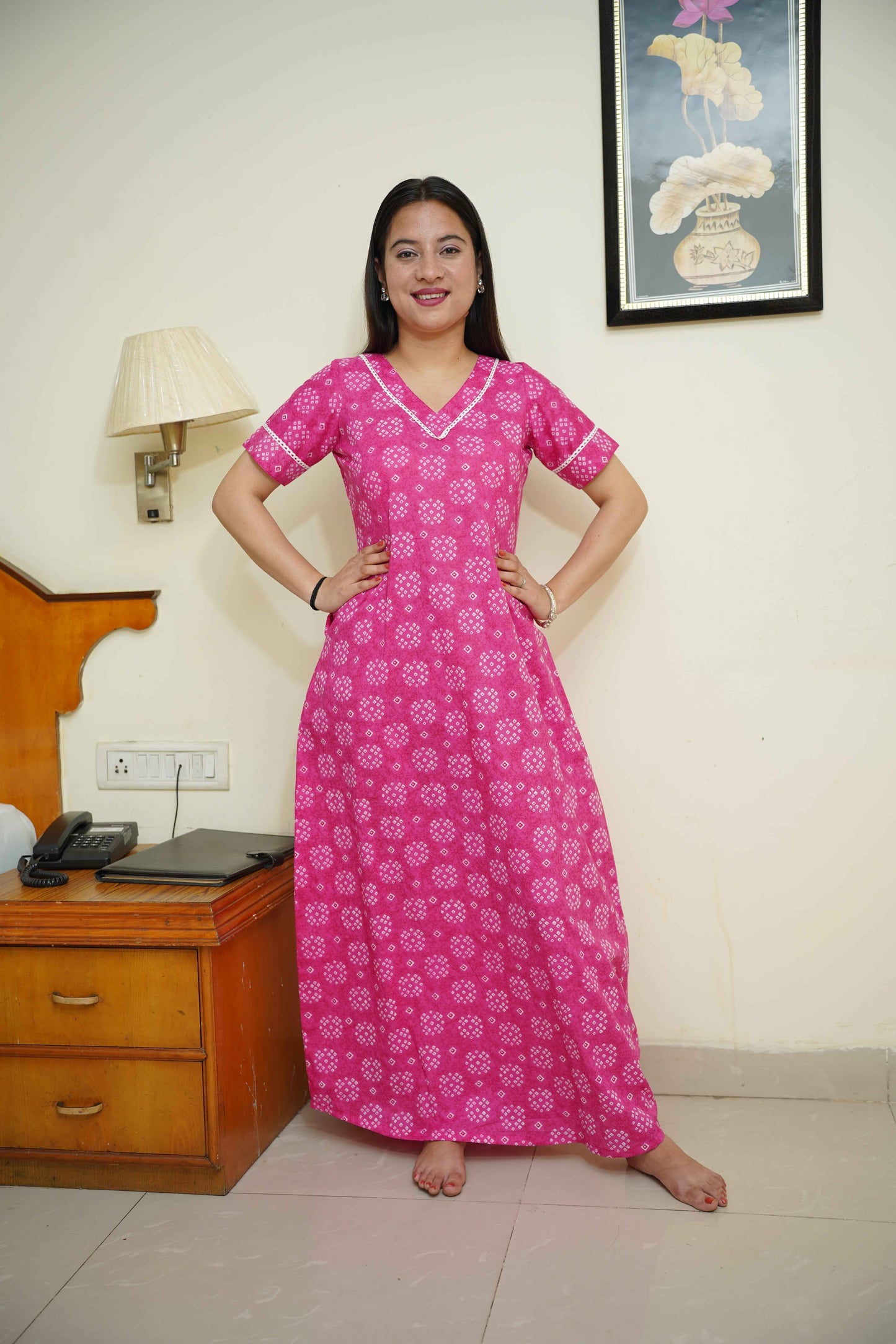 Pink Cotton Bandhej Night Gown