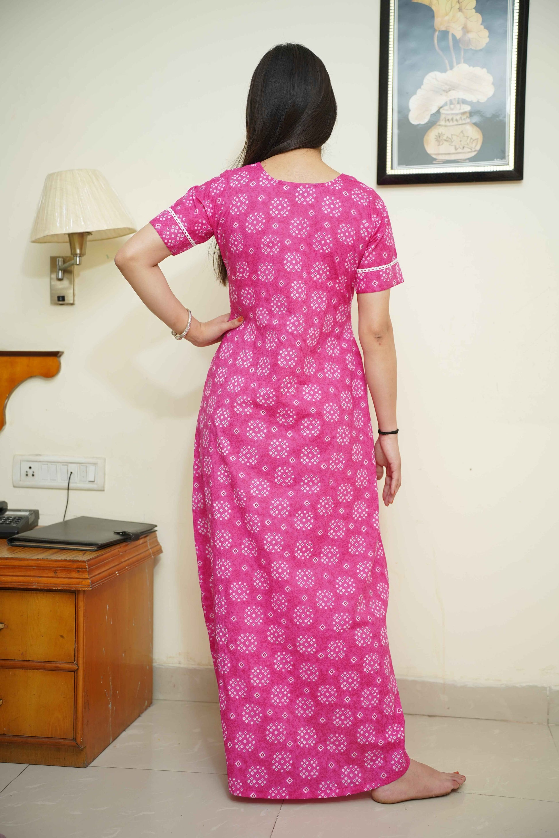 Pink Cotton Bandhej Night Gown