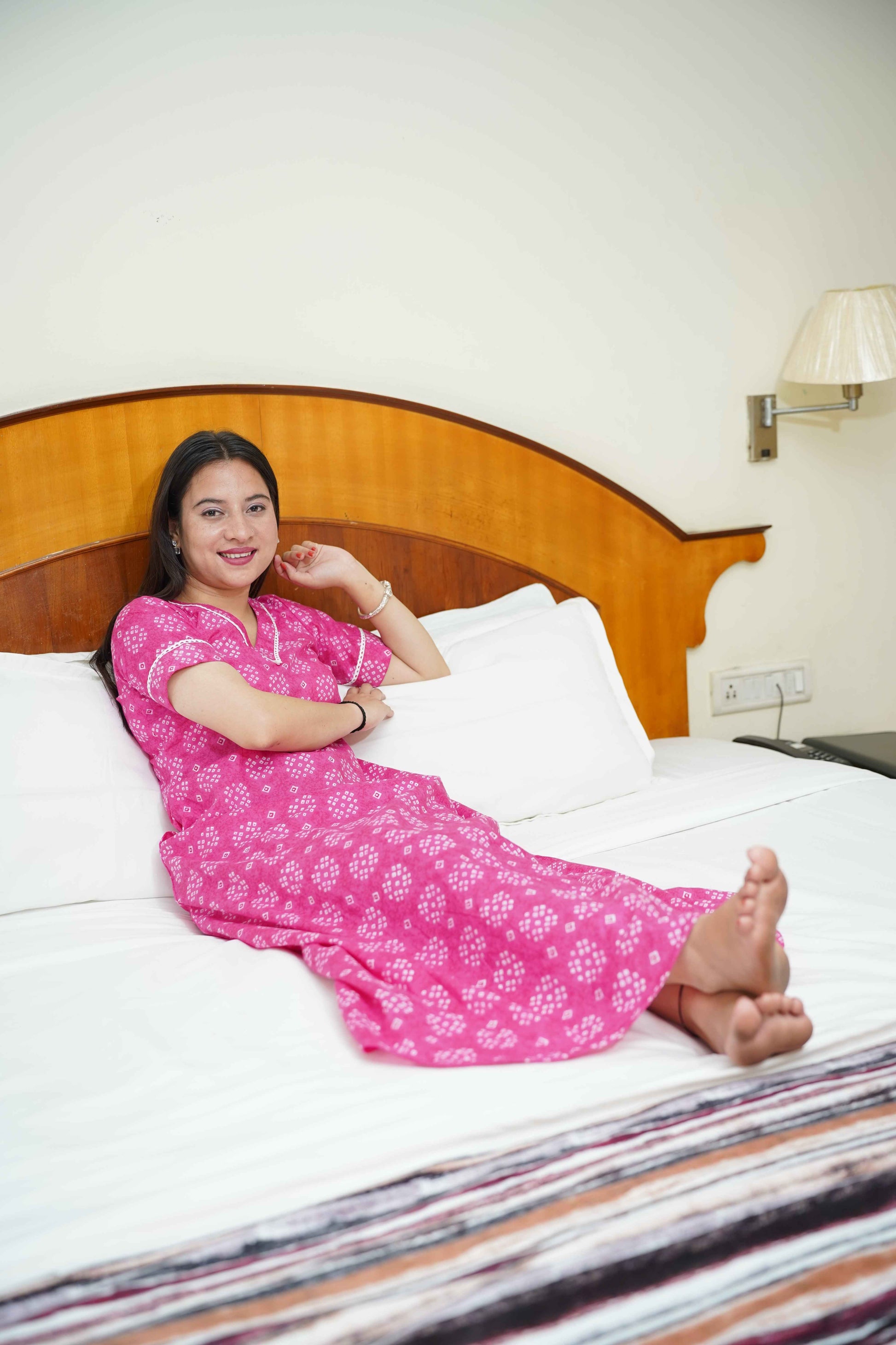 Pink Cotton Bandhej Night Gown